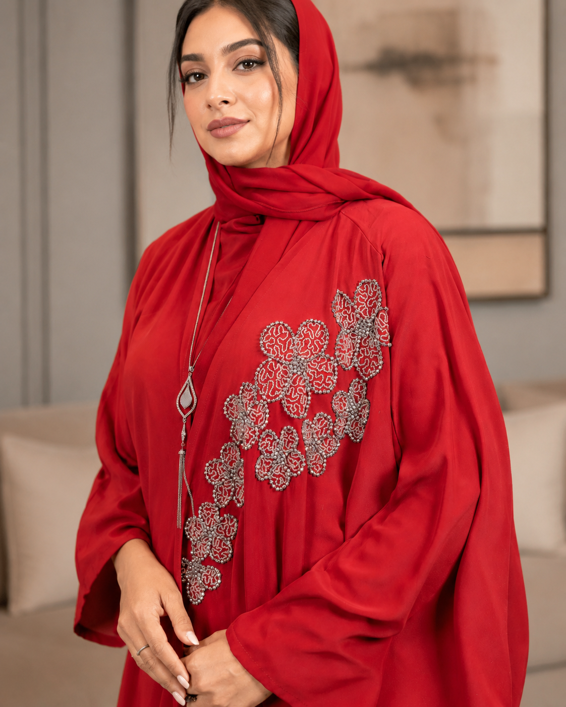 Red Beaded Work Abaya With Top and Pant in Poka Fabric. Comes with Matching Hijab