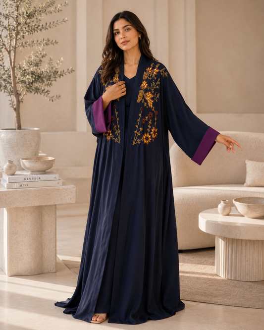 Navy Exquisite Handwork Abaya with Matching Inner and Hijab (Poka Fabric)