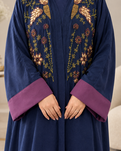 Navy Exquisite Handwork Abaya with Matching Inner and Hijab (Poka Fabric)