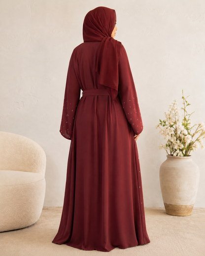 Stylish Maroon Double-Layer 3-Piece Abaya with Beaded Handwork