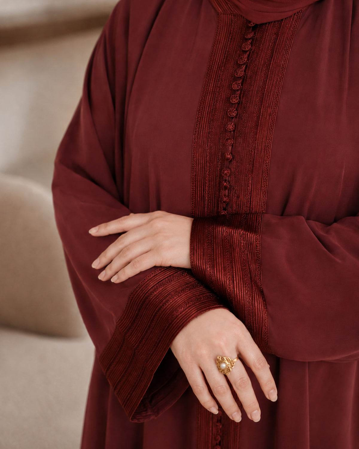Terracotta Wine Moroccan Kaftan Style Abaya Dress in Poka Fabric