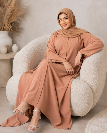 Serene Nude Abaya: Floral Crystal Embellished Edition