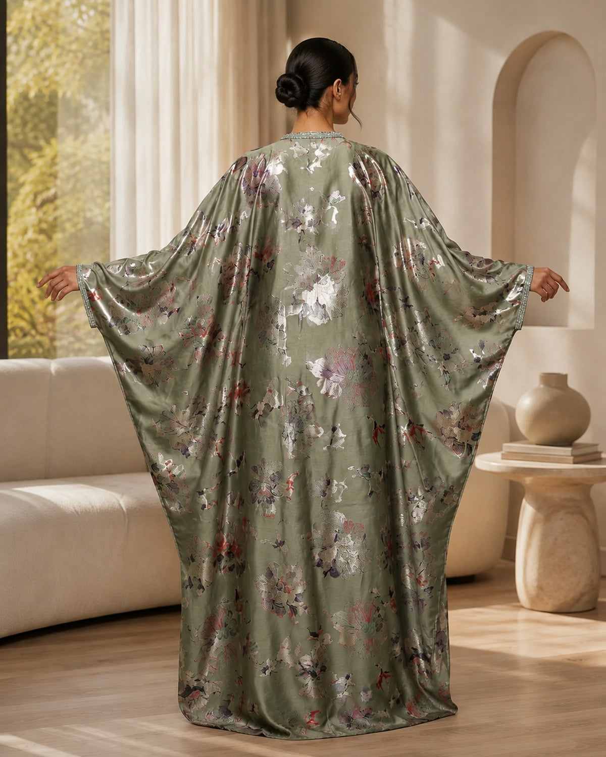 Sage green foil print kaftan dress with stone lace