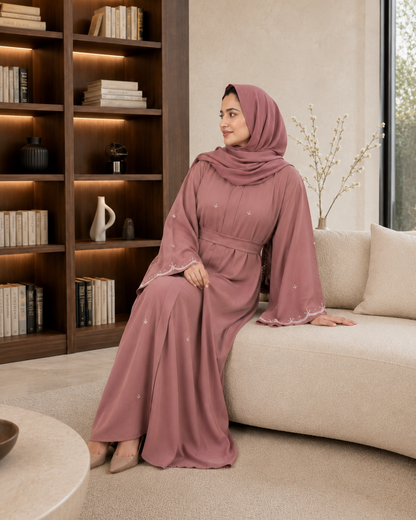 Mauve Umbrella-Cut Embellished Abaya Set (3-Piece)