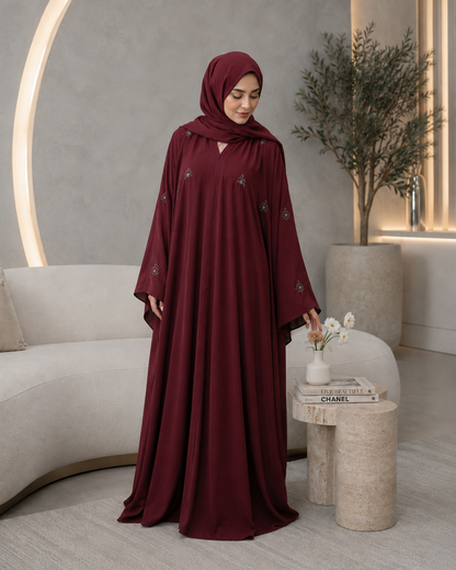 Maroon Sarah-Style Flowy Abaya Set (3-Piece)