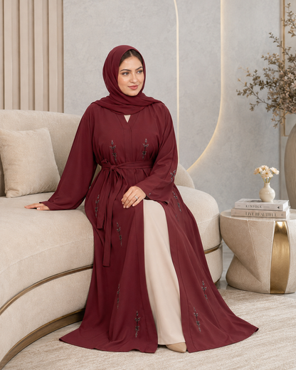 Maroon Majesty Leafy Embellished Abaya Set (3-Piece)