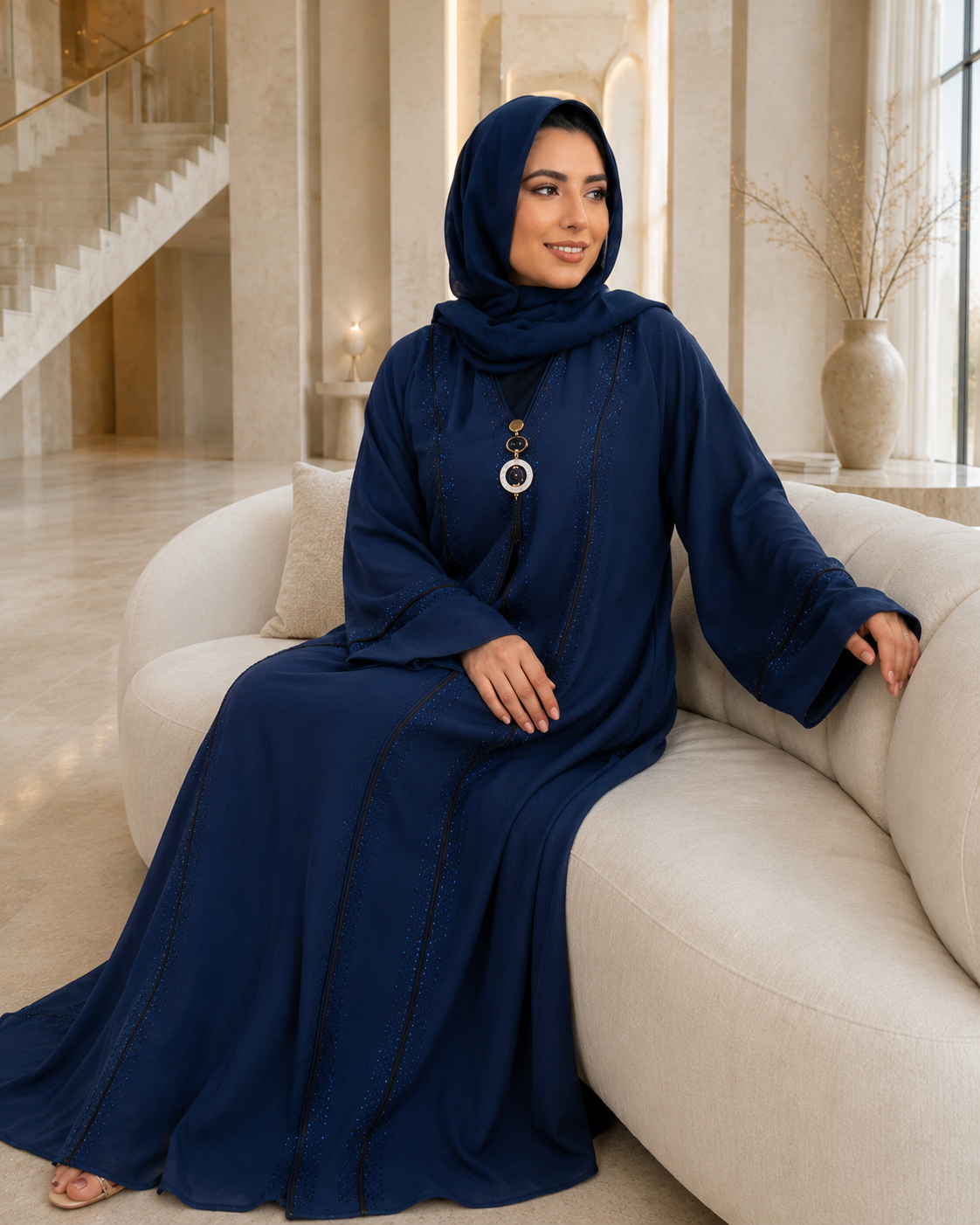 Luxurious Navy Blue Embellished Abaya with Matching Hijab