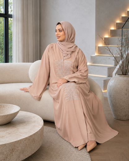 Exquisite Beige Dubai Silk Fabric Abaya with Crystal Bead Handwork & Flowy Sleeves