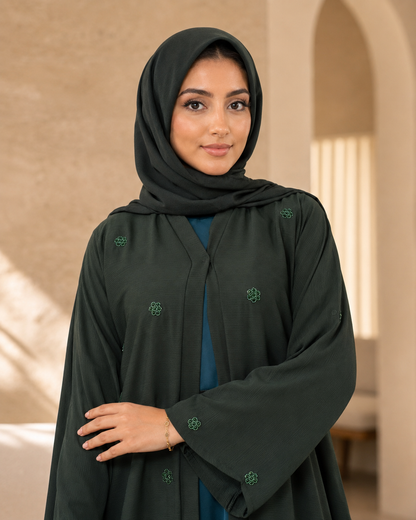 Emerald Forest Crystal-Strewed Abaya Set (3-Piece)