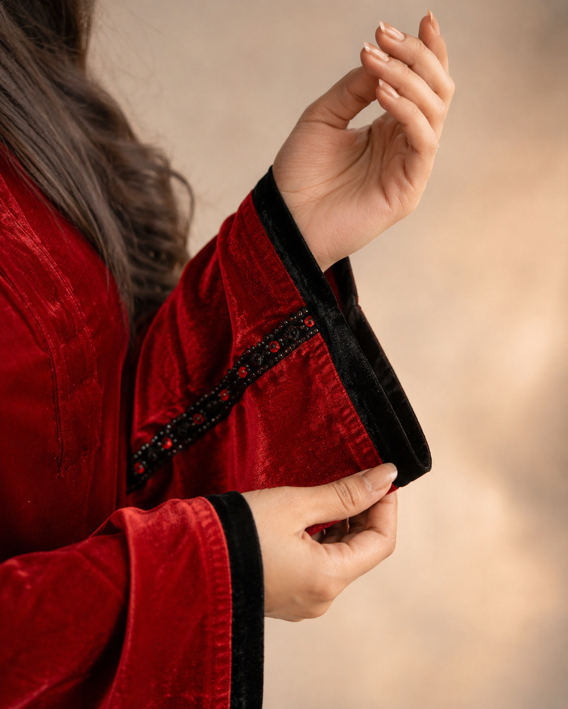 Red & Black Luxe Velvet Color-Block Abaya