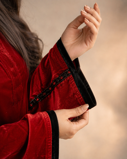 Red & Black Luxe Velvet Color-Block Abaya