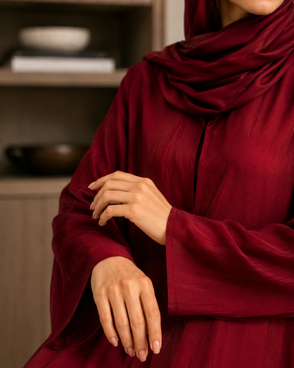 Deep Burgundy Organza Abaya with Fully Lined Nidha Fabric Inner
