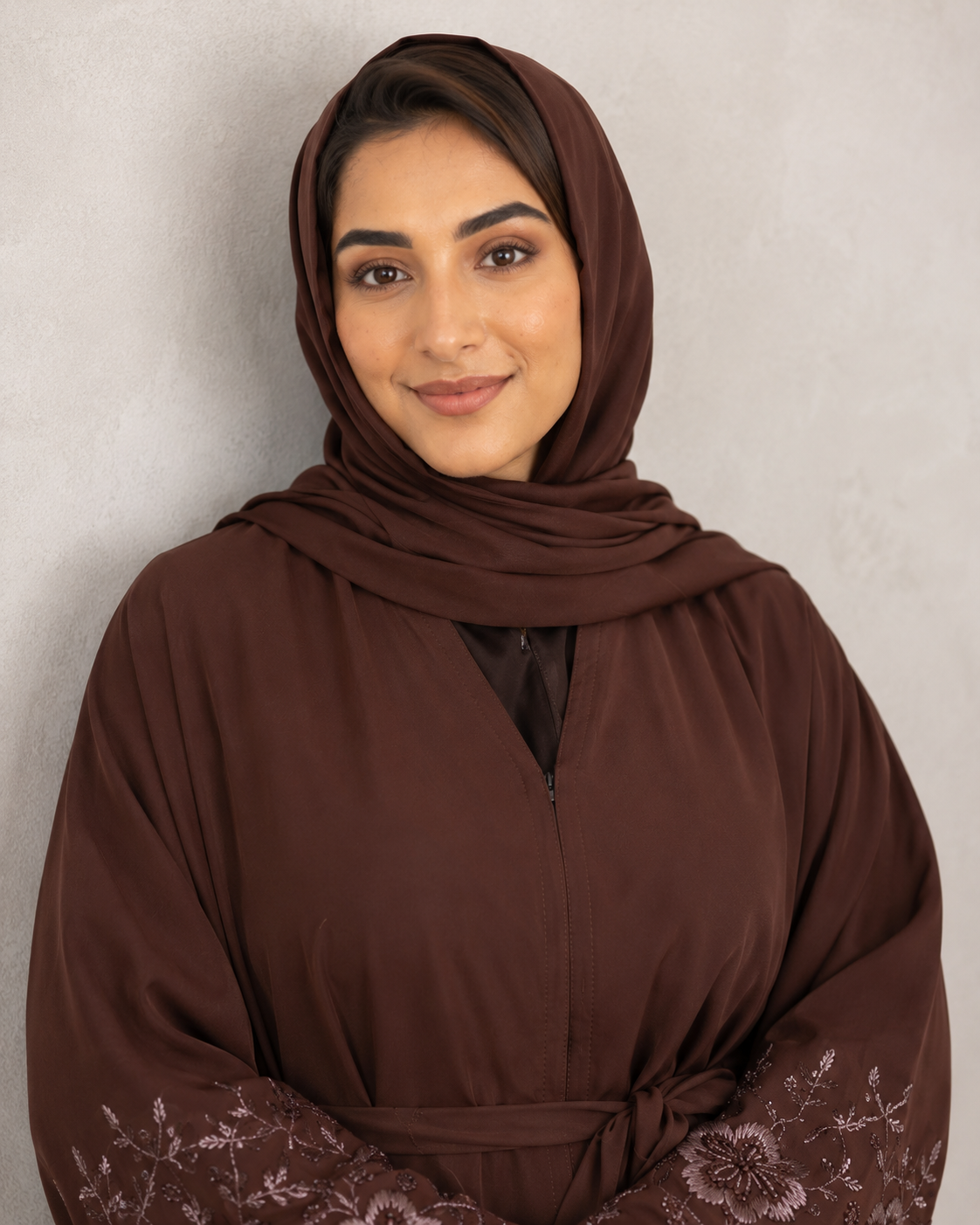 Dazzling Deep Brown Open-Front Abaya with Embroidered Sleeves & Belt
