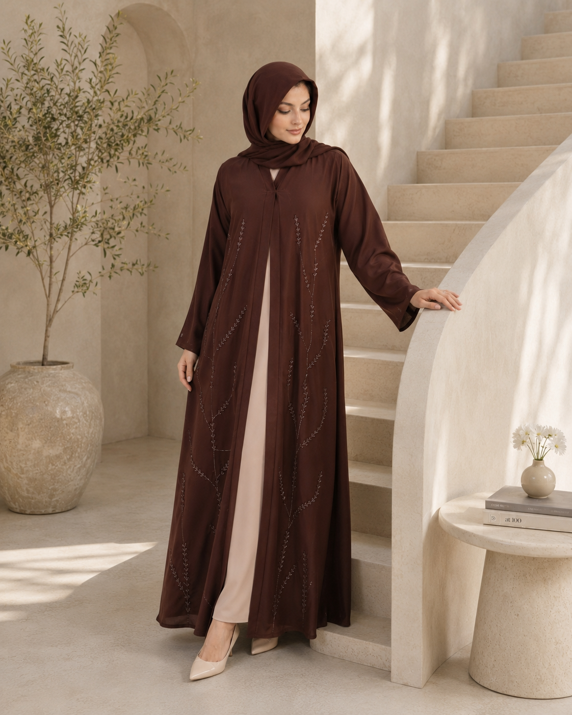 Chocolate Truffle Leafy Vine Abaya Set (3-Piece)