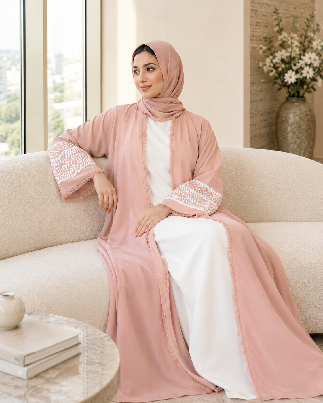 Beautiful Peachy Pink Open-Front Abaya with Fringe Detailing with Keffiyeh Embroidered