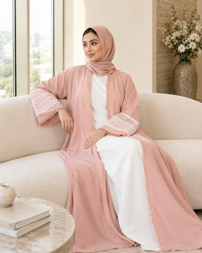 Beautiful Peachy Pink Open-Front Abaya with Fringe Detailing with Keffiyeh Embroidered