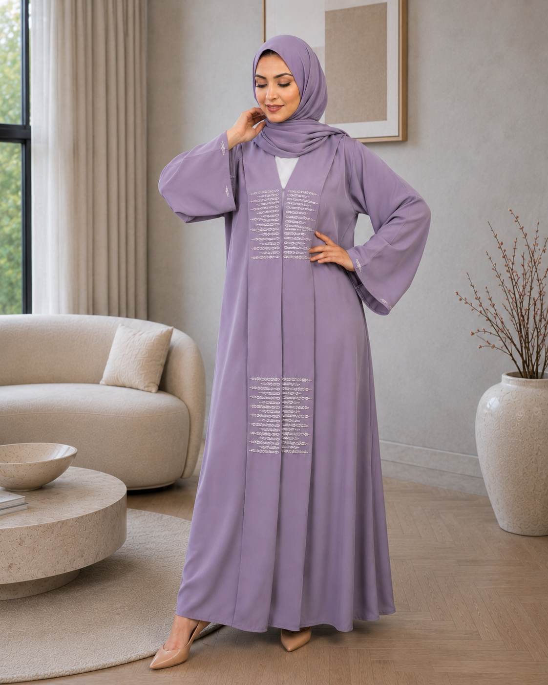 Lavender Open-Front Abaya with Crystal Bead Handwork & Flowy Sleeves