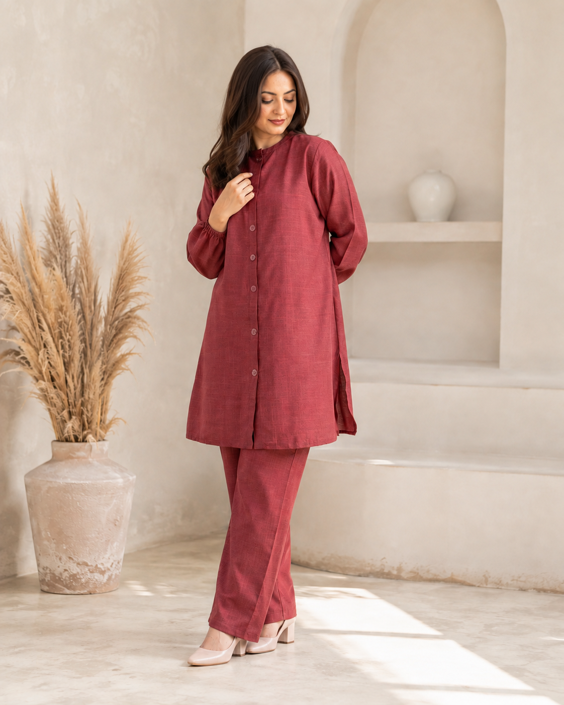 Red-maroon Button Down Two-Piece Set