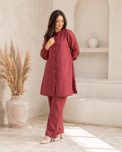 Red-maroon Button Down Two-Piece Set
