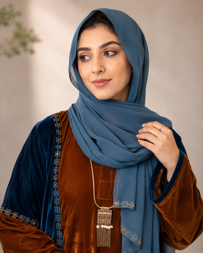 Peacock & Chocolate Luxe Velvet Color-Block Abaya