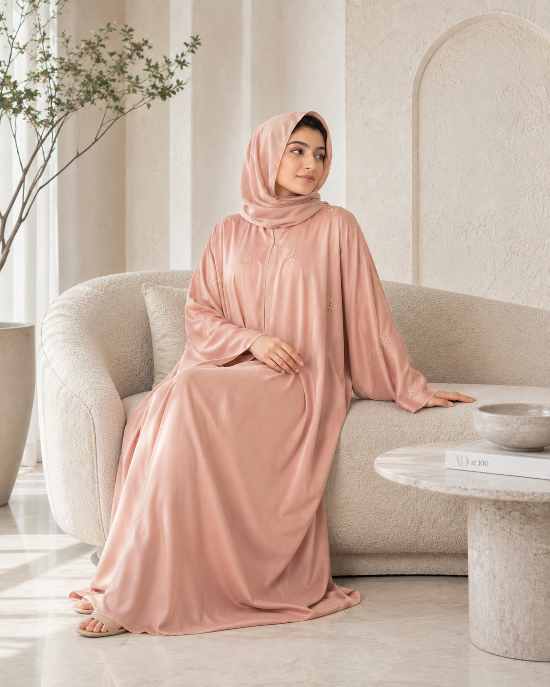 Nude Beige Farasha-Style Flowy Abaya Set (3-Piece)