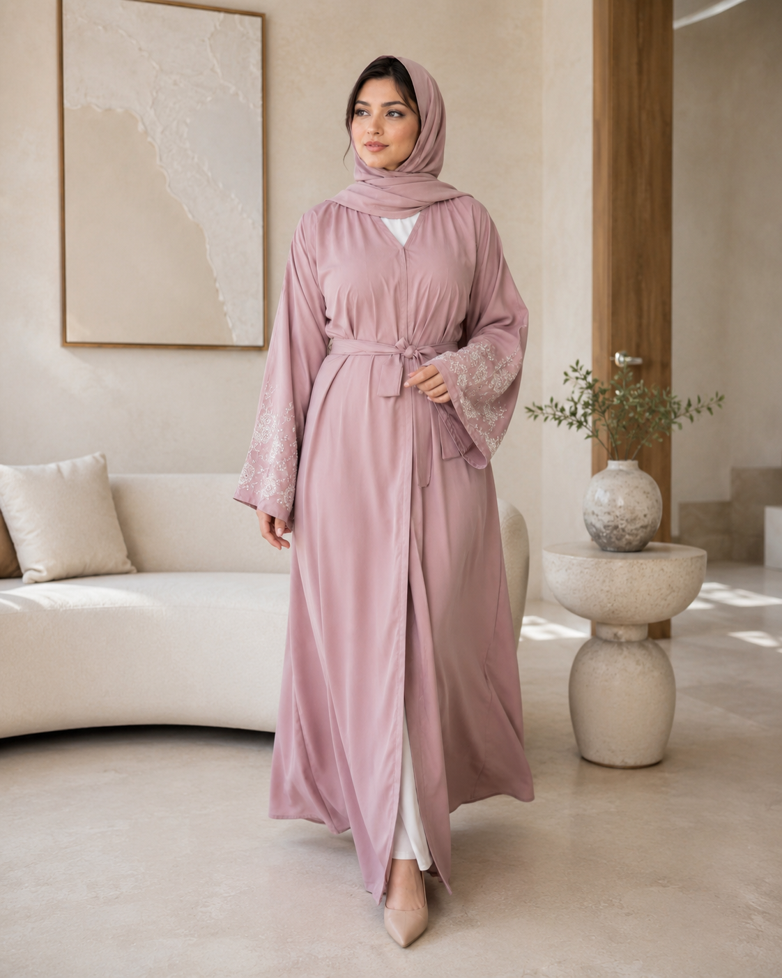 Pink Blush Rose Handwork Abaya Set