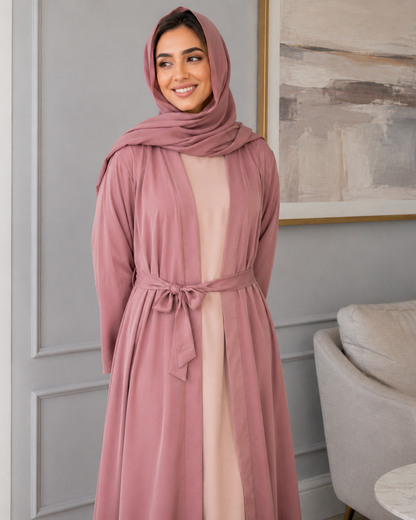 Chic 3-Piece Mauve Abaya Set with Nude Pink Inner, Front-Open Design, with Matching Hijab and Belt