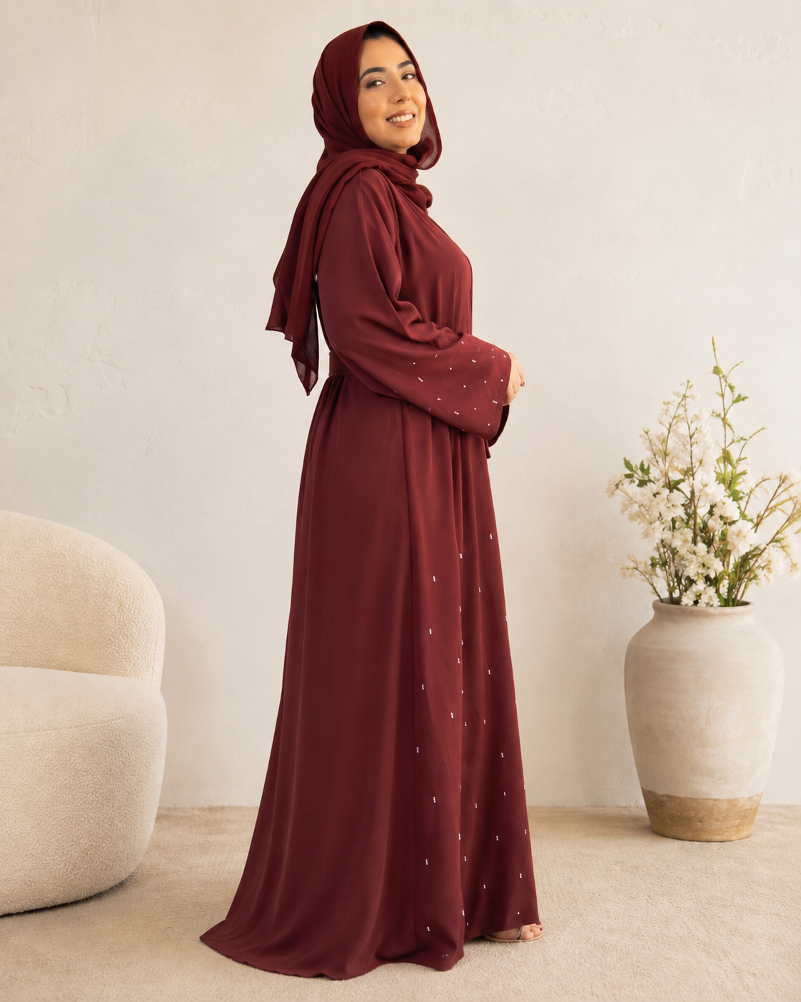 Stylish Maroon Double-Layer 3-Piece Abaya with Beaded Handwork
