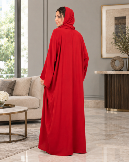 Red Beaded Work Abaya With Top and Pant in Poka Fabric. Comes with Matching Hijab