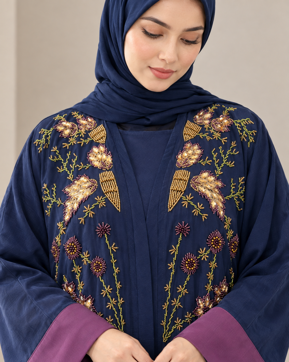 Navy Exquisite Handwork Abaya with Matching Inner and Hijab (Poka Fabric)