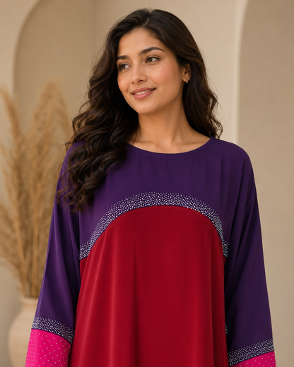 Tricolor Poka Fabric Dress Abaya with Stone Work and Lace Fringe