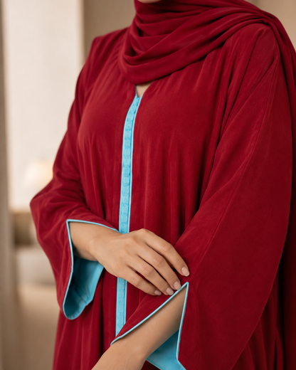 Red Maroon Moroccan Kaftan with Sky Blue Lining in Poka Fabric