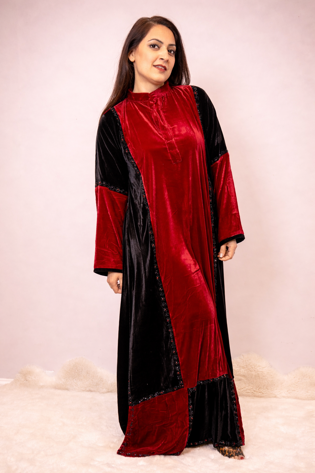 Red & Black Luxe Velvet Color-Block Abaya