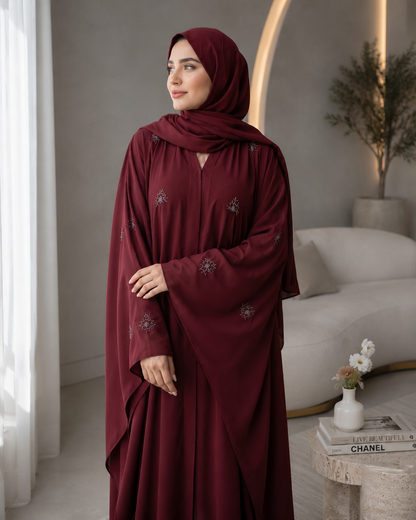 Maroon Sarah-Style Flowy Abaya Set (3-Piece)