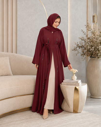 Maroon Majesty Leafy Embellished Abaya Set (3-Piece)