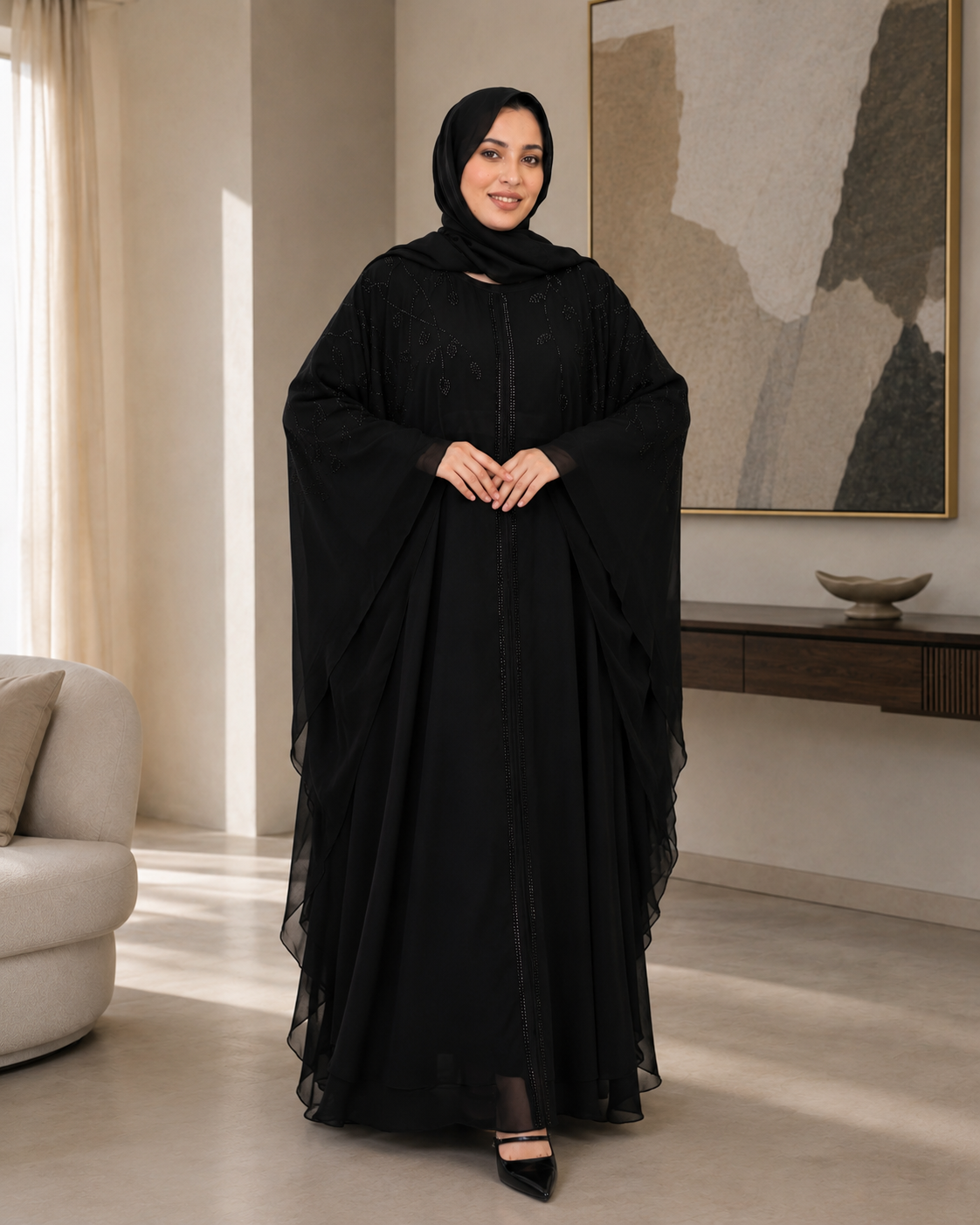 Gorgeous Black Farasha Stone-Embellished Abaya