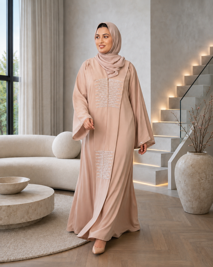 Exquisite Beige Dubai Silk Fabric Abaya with Crystal Bead Handwork & Flowy Sleeves