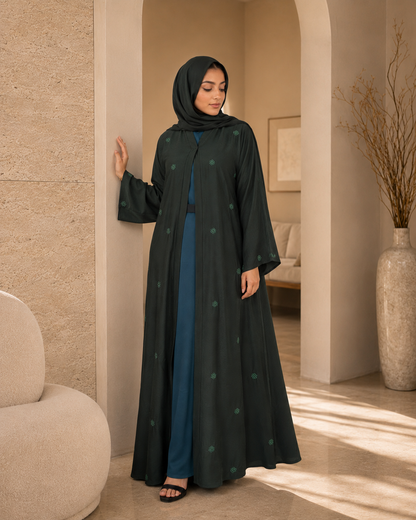 Emerald Forest Crystal-Strewed Abaya Set (3-Piece)