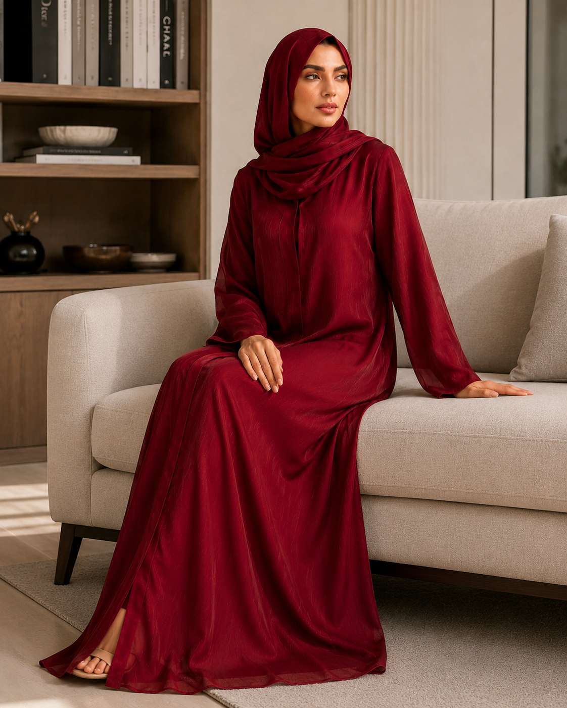 Deep Burgundy Organza Abaya with Fully Lined Nidha Fabric Inner