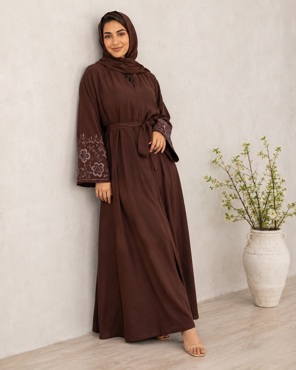 Dazzling Deep Brown Open-Front Abaya with Embroidered Sleeves & Belt
