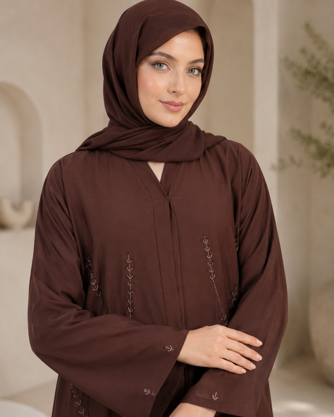 Chocolate Truffle Leafy Vine Abaya Set (3-Piece)