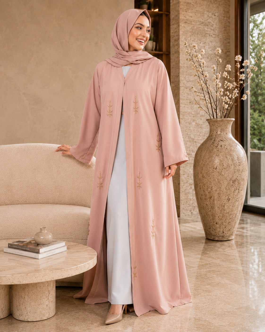 Blush Rose Leafy Embellished Abaya Set (3-Piece)