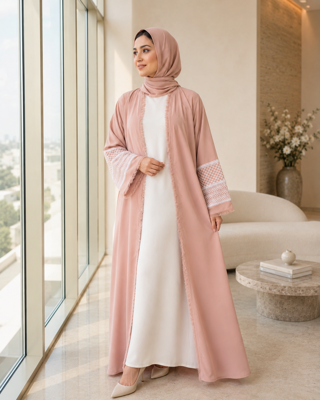 Beautiful Peachy Pink Open-Front Abaya with Fringe Detailing with Keffiyeh Embroidered