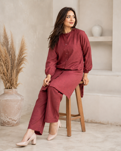Red-maroon Button Down Two-Piece Set