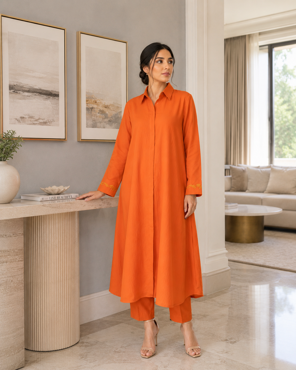 Orange Beaded Handwork 2-Piece Co-ords Set