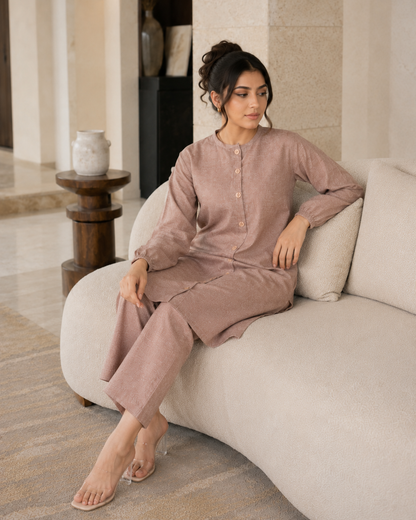 Nude Beige Button Down Two-Piece Set
