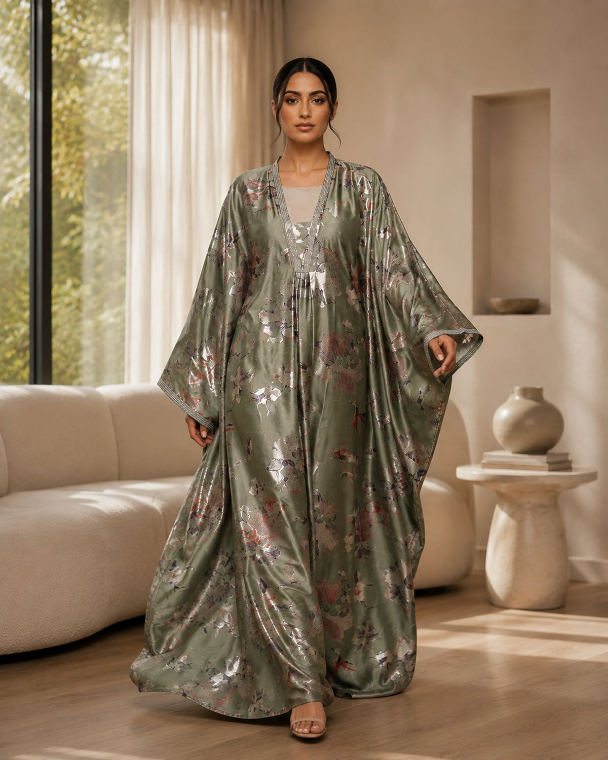 Sage green foil print kaftan dress with stone lace