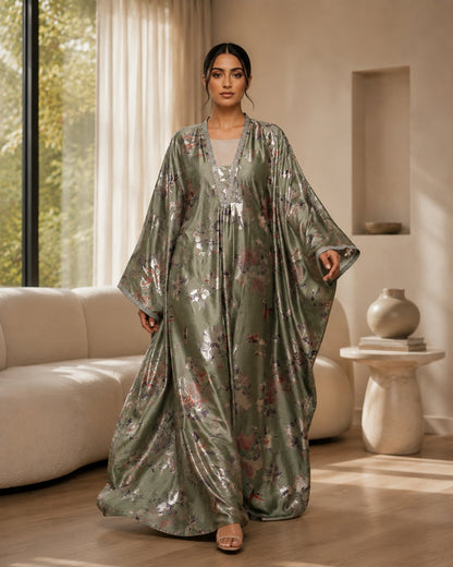 Sage green foil print kaftan dress with stone lace