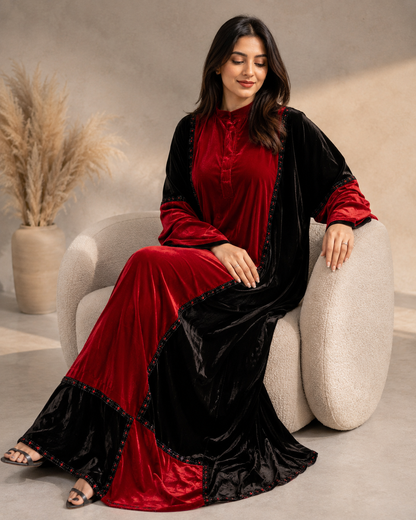 Red & Black Luxe Velvet Color-Block Abaya