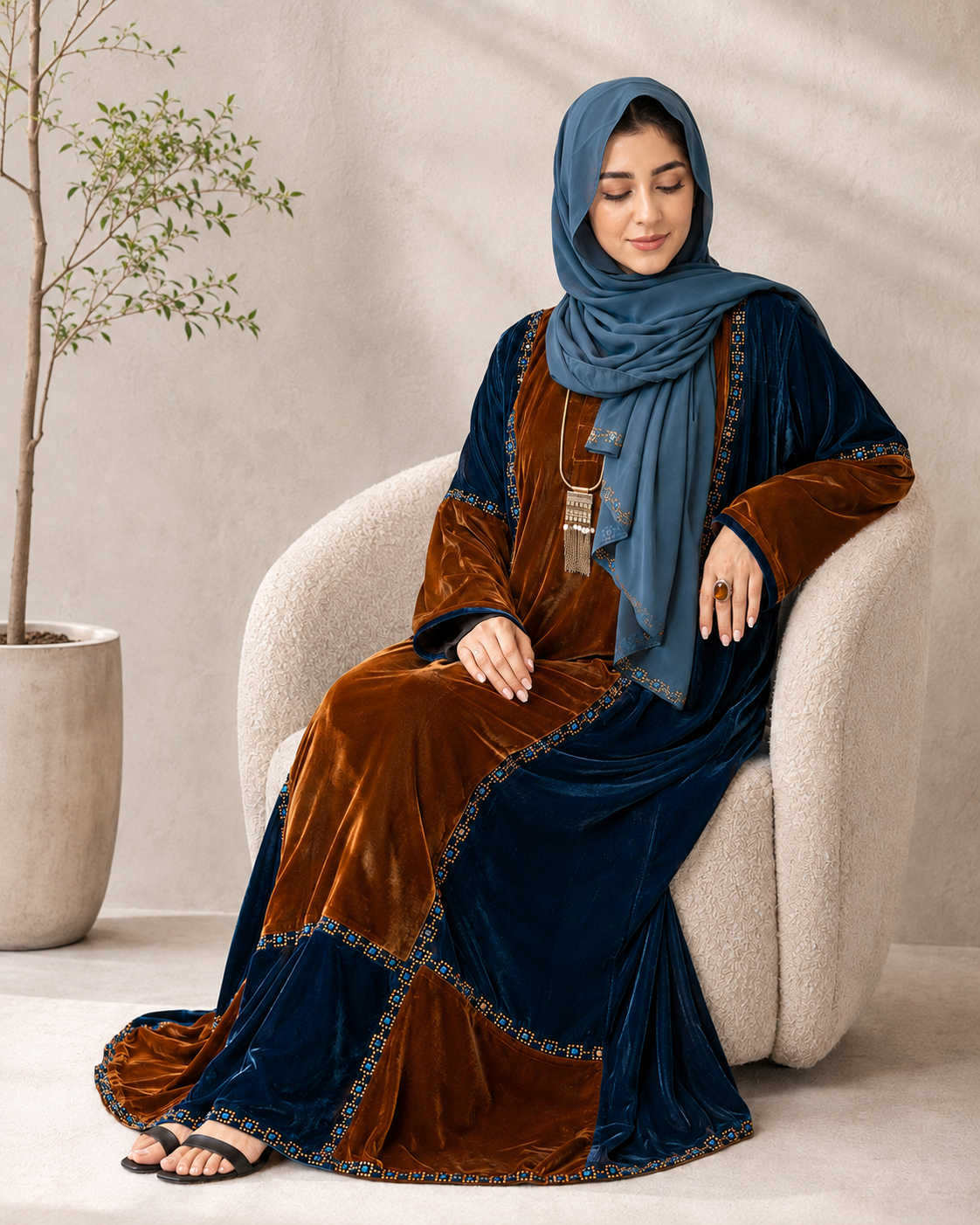 Peacock & Chocolate Luxe Velvet Color-Block Abaya